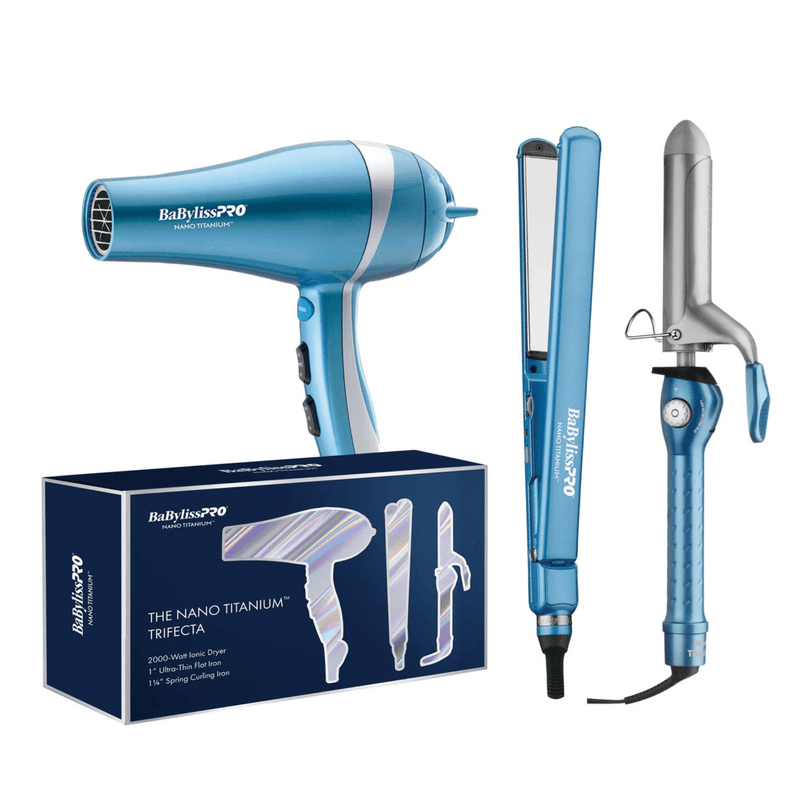 BabylissPro Nano Titanium Trifecta Prepack 2022(2000W Ionic Dryer, 1" Ultra Thin Flat Iron & 1 1/4" Curling Iron)