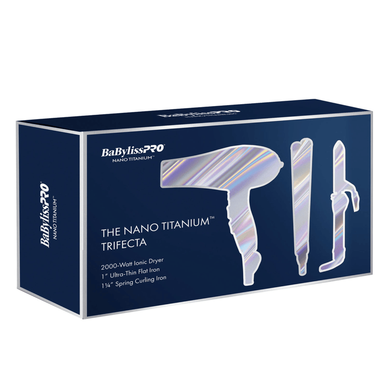 BabylissPro Nano Titanium Trifecta Prepack 2022(2000W Ionic Dryer, 1" Ultra Thin Flat Iron & 1 1/4" Curling Iron) - AdrianaBeautySupply II